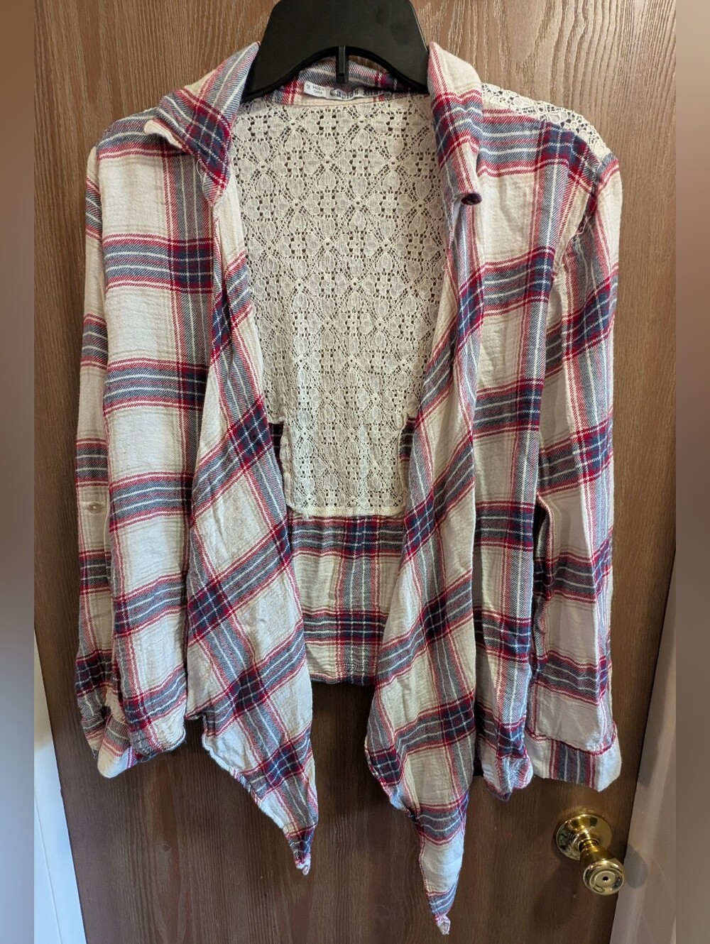 Open-Front Plaid Cardigan with Lace Back - Red & Cream